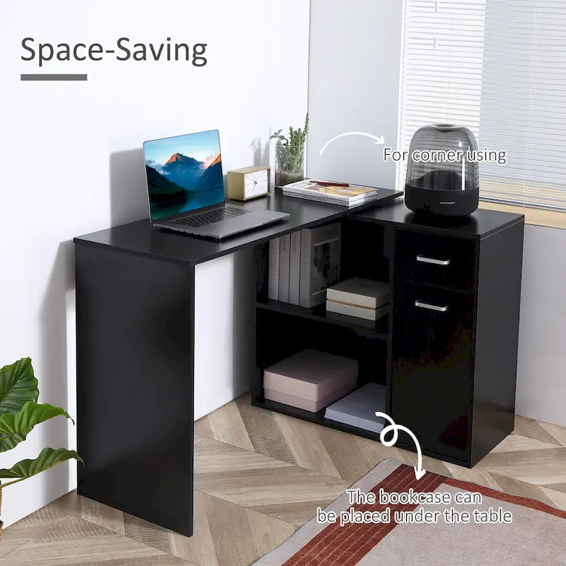 HOMCOM L-Shaped Corner Computer Desk with Rotating Storage Shelves and Drawer for Home and Office Workspaces 5