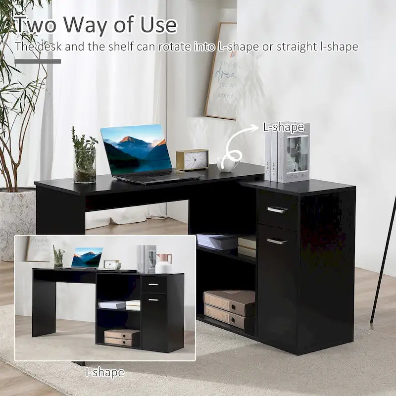 HOMCOM L-Shaped Corner Computer Desk with Rotating Storage Shelves and Drawer for Home and Office Workspaces 6