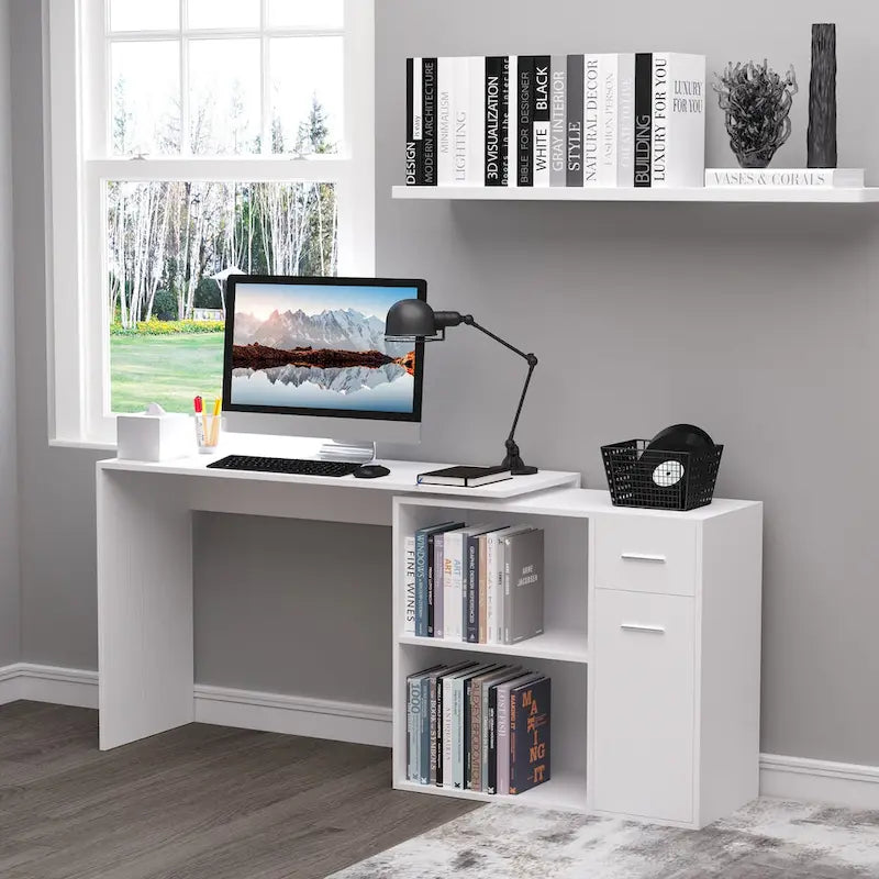 HOMCOM L-Shaped Corner Computer Desk with Rotating Storage Shelves and Drawer for Home and Office Workspaces 11