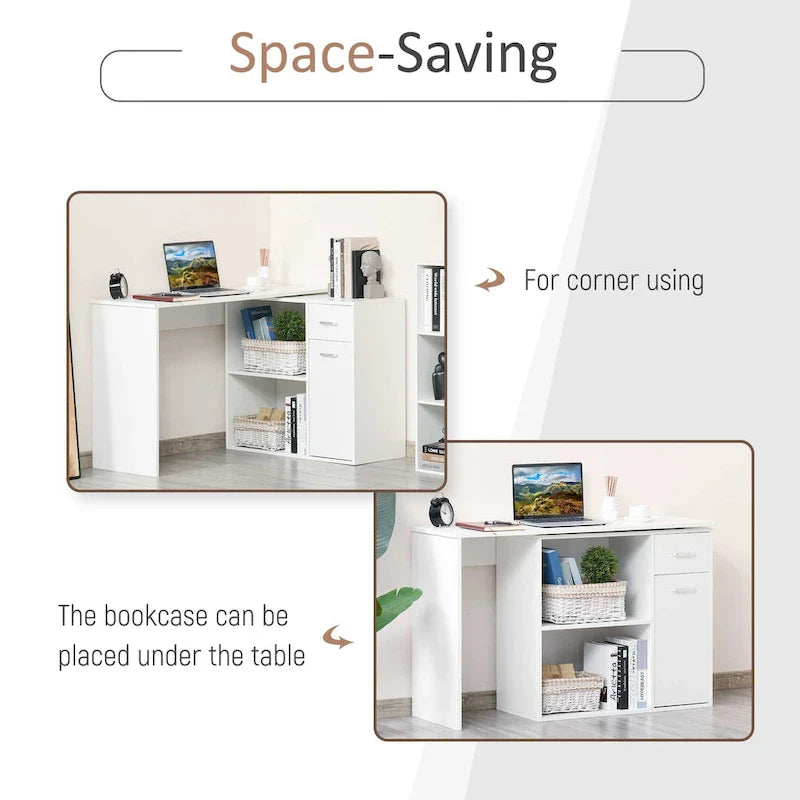 HOMCOM L-Shaped Corner Computer Desk with Rotating Storage Shelves and Drawer for Home and Office Workspaces 13