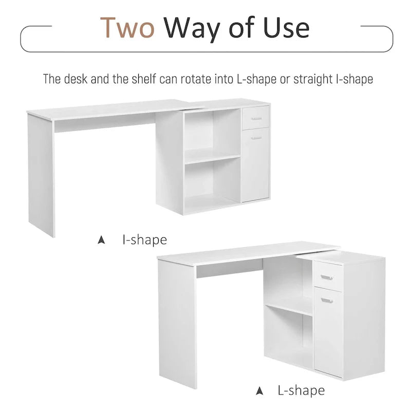 HOMCOM L-Shaped Corner Computer Desk with Rotating Storage Shelves and Drawer for Home and Office Workspaces 14