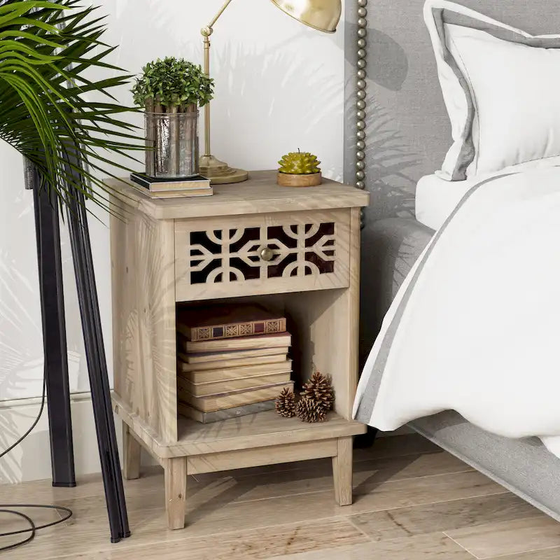 COZAYH Vintage-Inspired Rustic Nightstand - Solid Fir End Table with Hand-Carved Front and Open Shelf for Boho and Farmhouse Decor