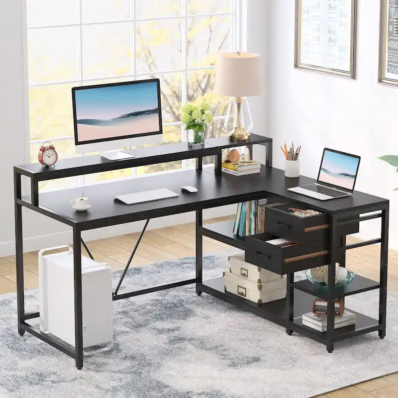 Contemporary L-Shaped Computer Desk with Drawer and Storage Shelf 34