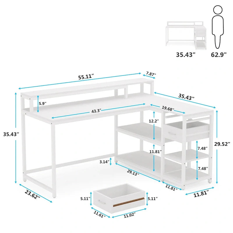Contemporary L-Shaped Computer Desk with Drawer and Storage Shelf 2