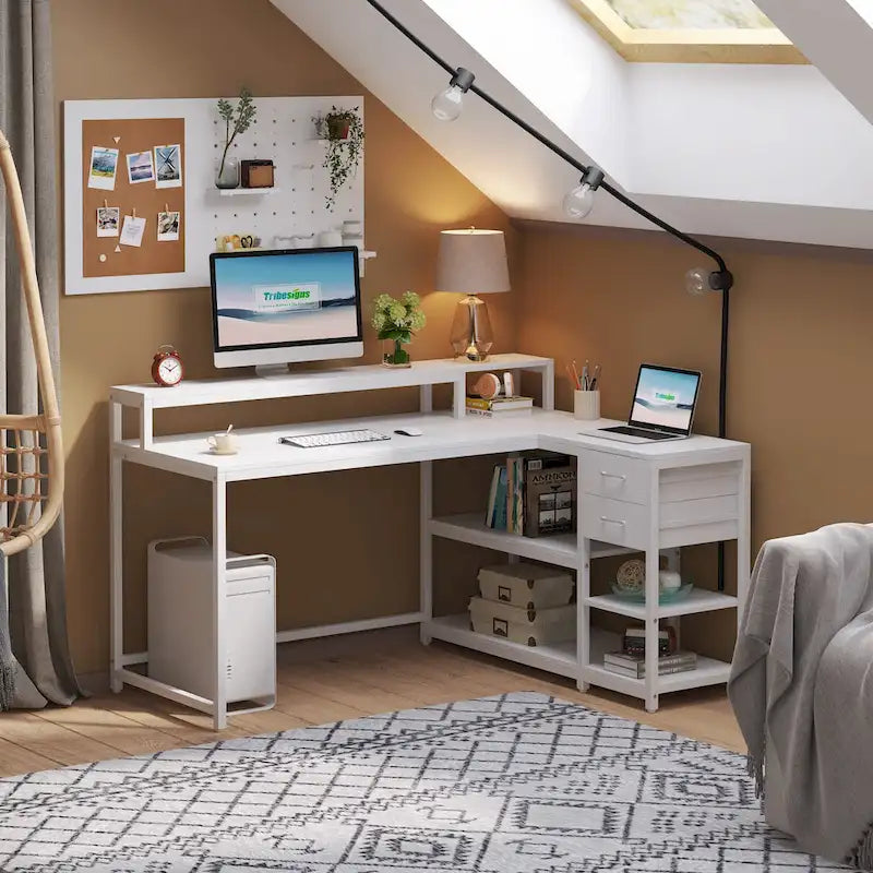 Contemporary L-Shaped Computer Desk with Drawer and Storage Shelf 4