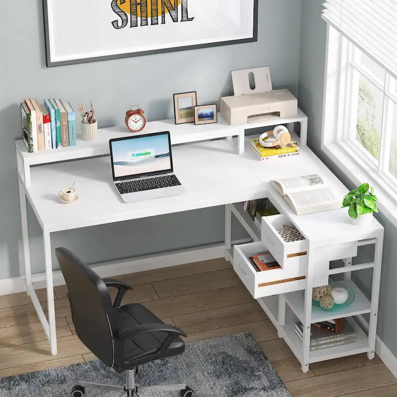 Contemporary L-Shaped Computer Desk with Drawer and Storage Shelf 7