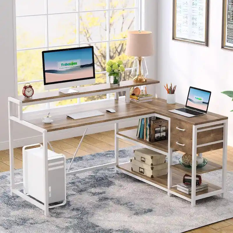 Contemporary L-Shaped Computer Desk with Drawer and Storage Shelf 16