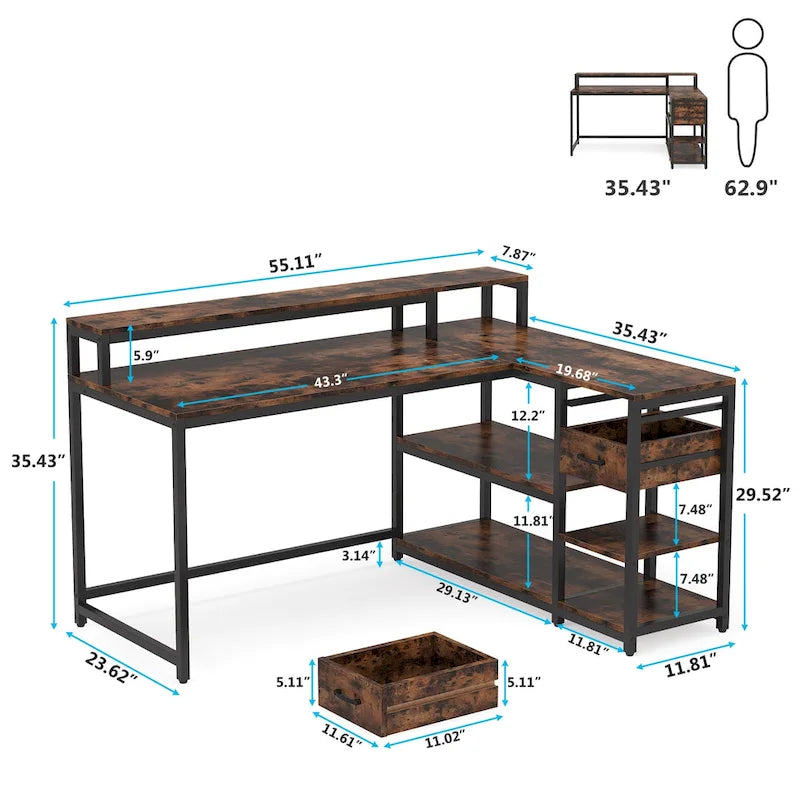Contemporary L-Shaped Computer Desk with Drawer and Storage Shelf 18