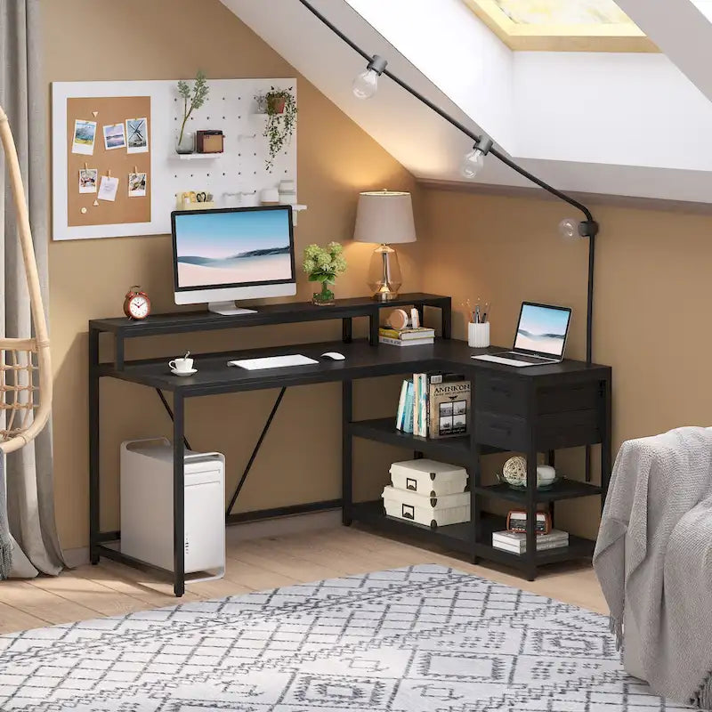 Contemporary L-Shaped Computer Desk with Drawer and Storage Shelf 24