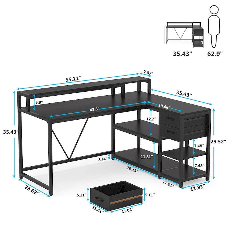 Contemporary L-Shaped Computer Desk with Drawer and Storage Shelf 25