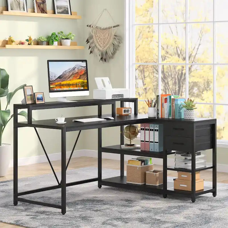 Contemporary L-Shaped Computer Desk with Drawer and Storage Shelf 27