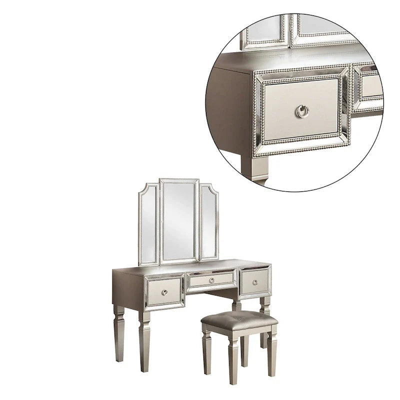 Fabric and Wood Vanity Set with Matching Stool 2