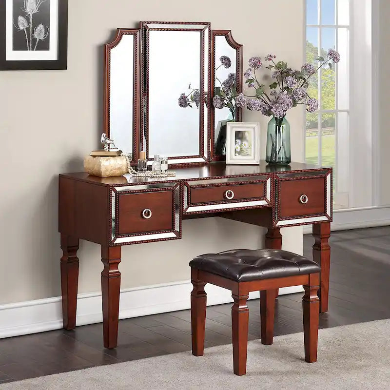 Fabric and Wood Vanity Set with Matching Stool 4