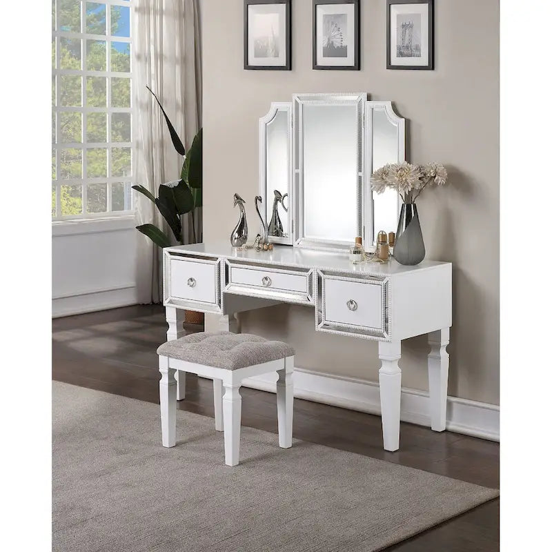 Fabric and Wood Vanity Set with Matching Stool 9