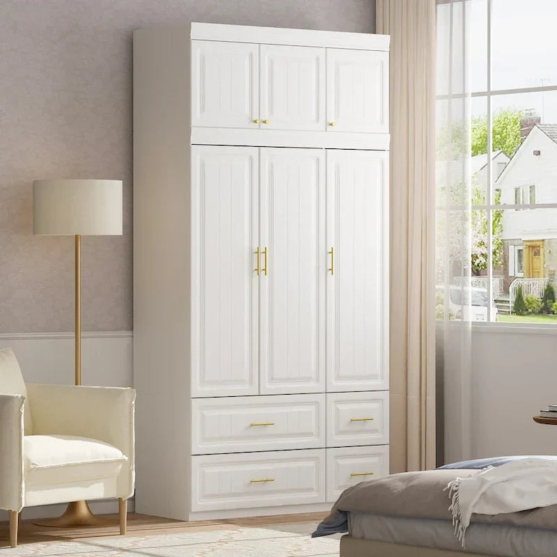 Modern Wardrobe Armoire with Hanging Rod Shelves and Drawers