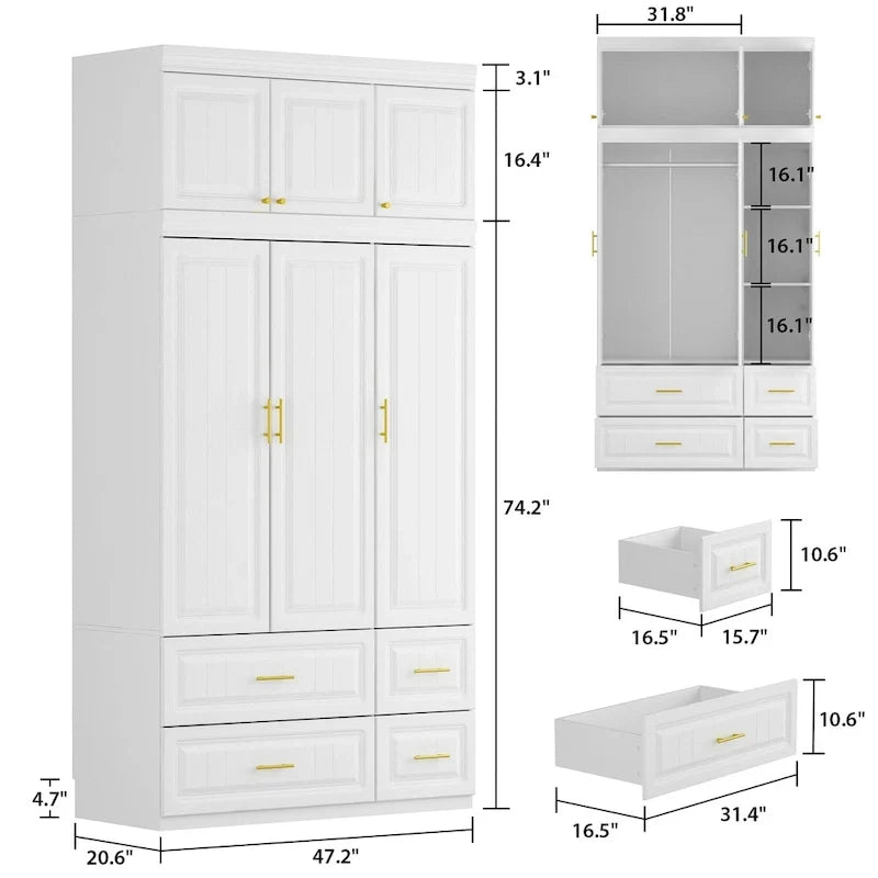 Contemporary White Freestanding Wardrobe Armoire - 93.7" High Storage Cabinet 4
