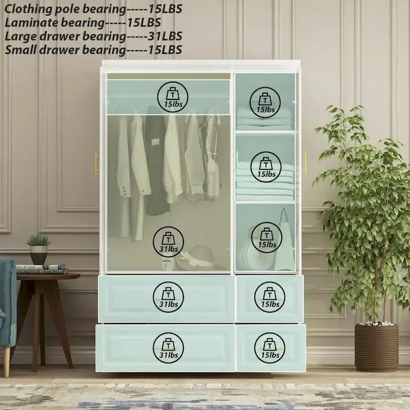 Modern Wardrobe Armoire with Hanging Rod Shelves and Drawers 17