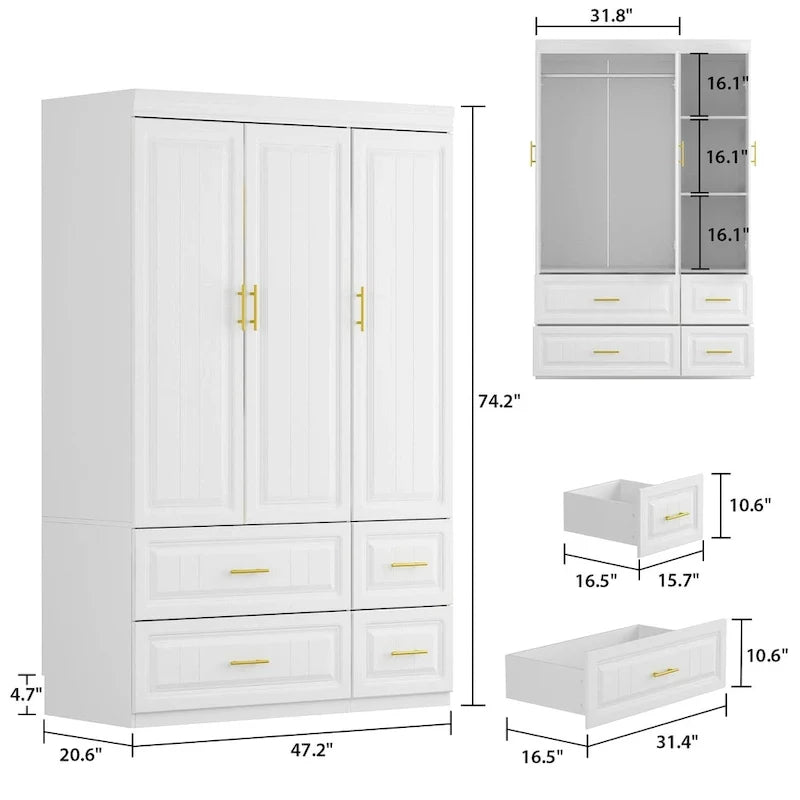 Contemporary White Freestanding Wardrobe Armoire - 93.7" High Storage Cabinet 19