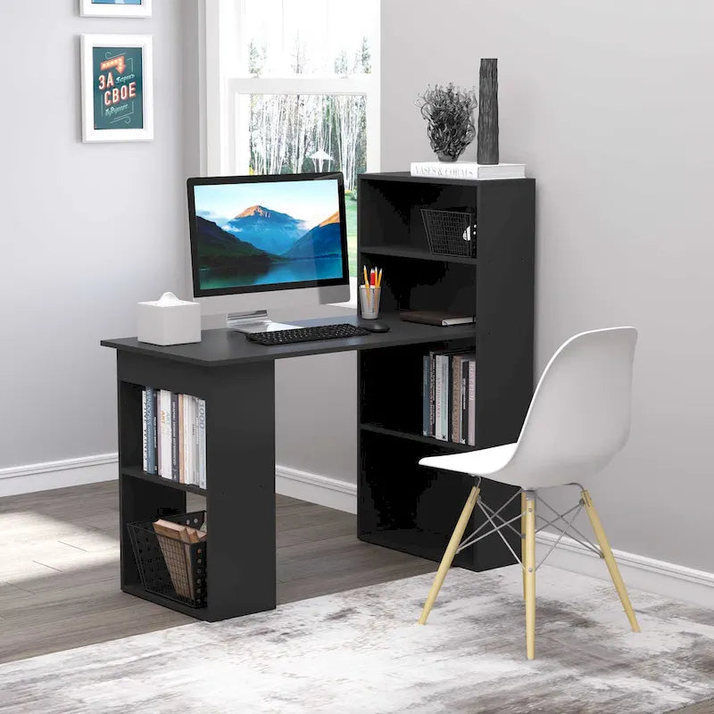 HOMCOM Modern Compact Computer Desk with 6-Tier Storage Shelves - Writing Table Workstation with Integrated Bookshelf for Home Office 1