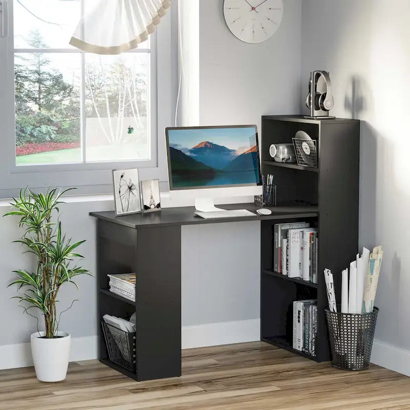 HOMCOM Modern Compact Computer Desk with 6-Tier Storage Shelves - Writing Table Workstation with Integrated Bookshelf for Home Office 3