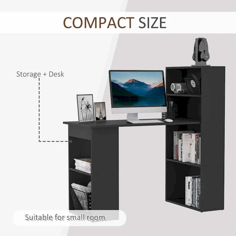 HOMCOM Modern Compact Computer Desk with 6-Tier Storage Shelves - Writing Table Workstation with Integrated Bookshelf for Home Office 6