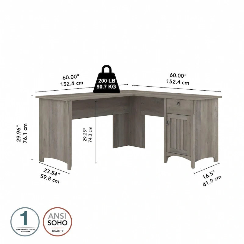 Bush Furniture Salinas 60-Inch L-Shaped Desk with Drawers and Storage Solutions 42