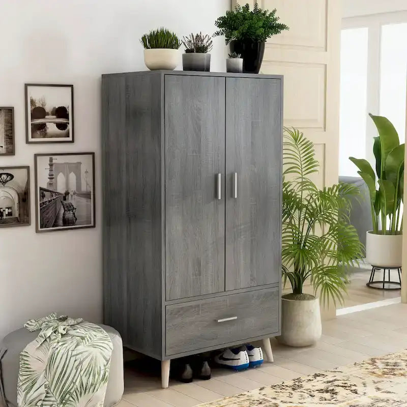 Denhour Mid-Century Modern Distressed Grey 1-Drawer Wardrobe Armoire 10