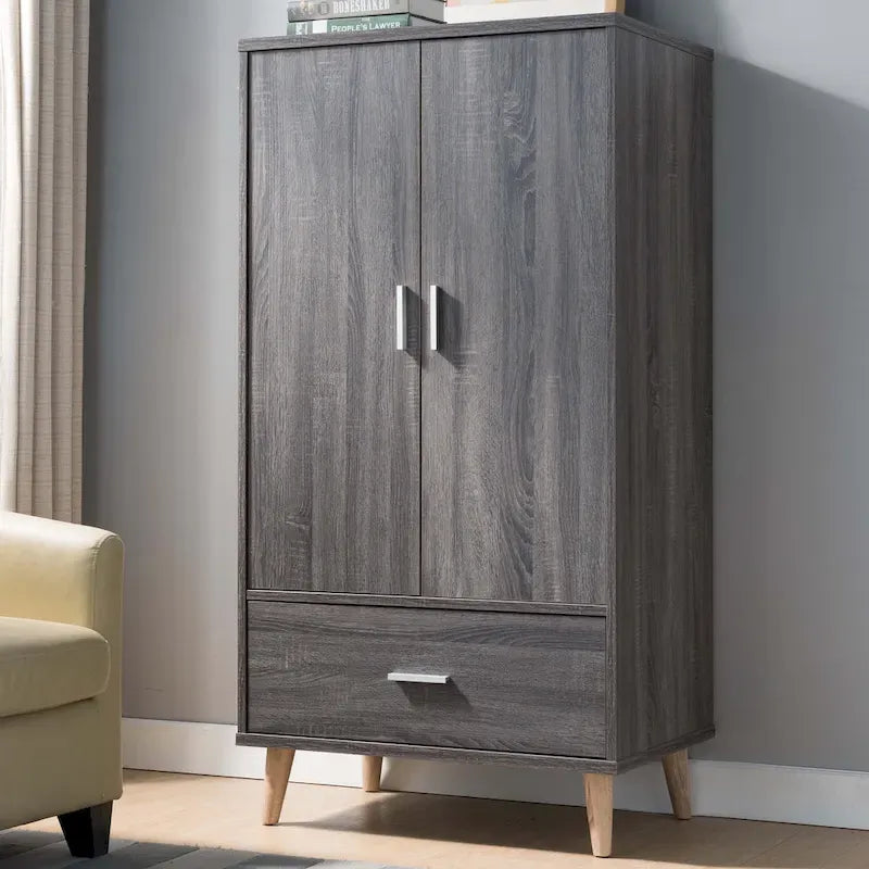 Denhour Mid-Century Modern Distressed Grey 1-Drawer Wardrobe Armoire 2