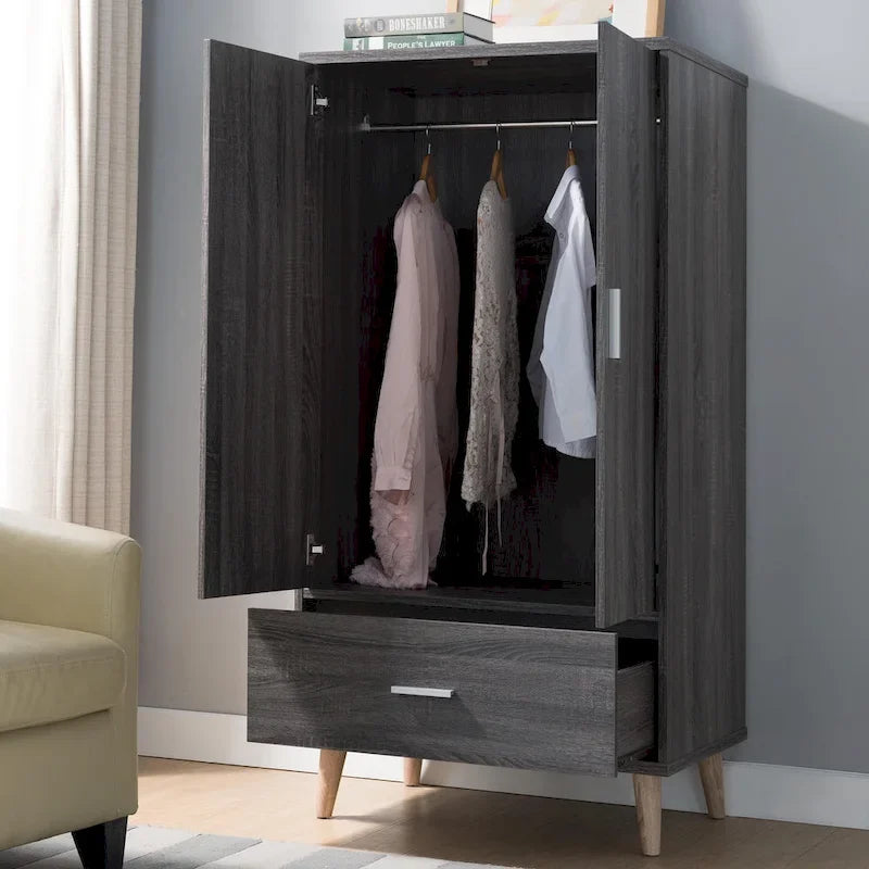 Denhour Mid-Century Modern Distressed Grey 1-Drawer Wardrobe Armoire 3