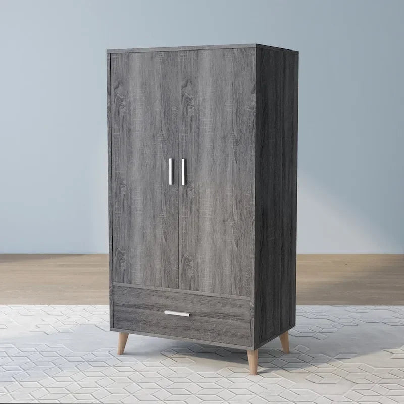 Denhour Mid-Century Modern Distressed Grey 1-Drawer Wardrobe Armoire 4