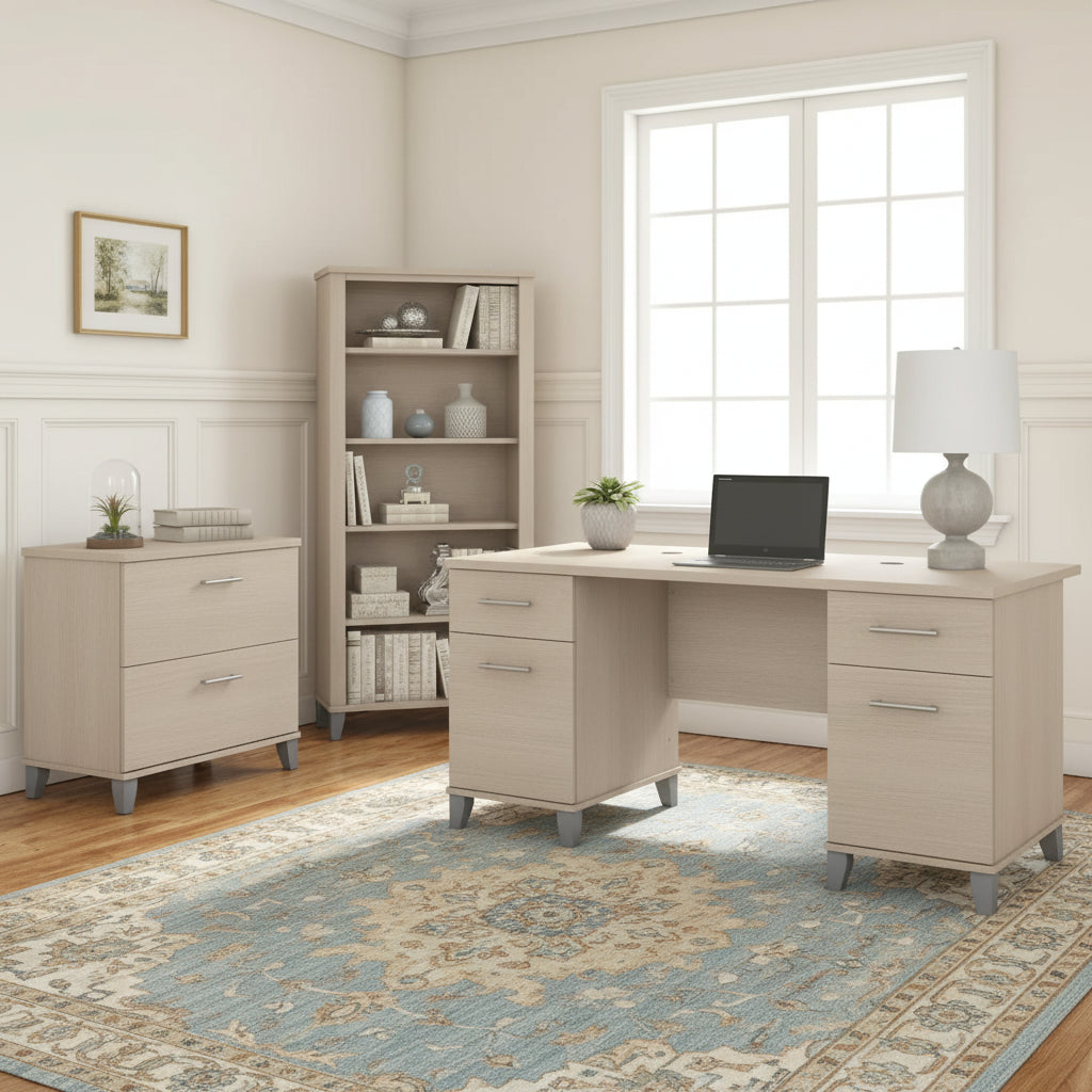 Somerset 60-Inch Office Desk with Cabinet and 5-Shelf Bookcase 16