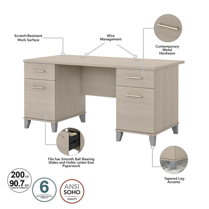 Somerset 60-Inch Office Desk with Cabinet and 5-Shelf Bookcase 18
