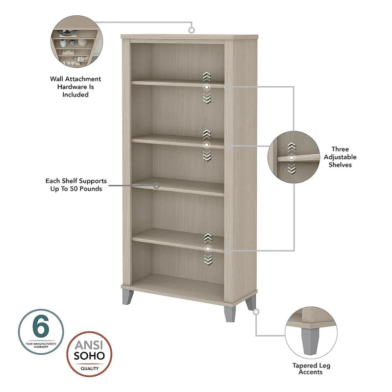 Somerset 60-Inch Office Desk with Cabinet and 5-Shelf Bookcase 20