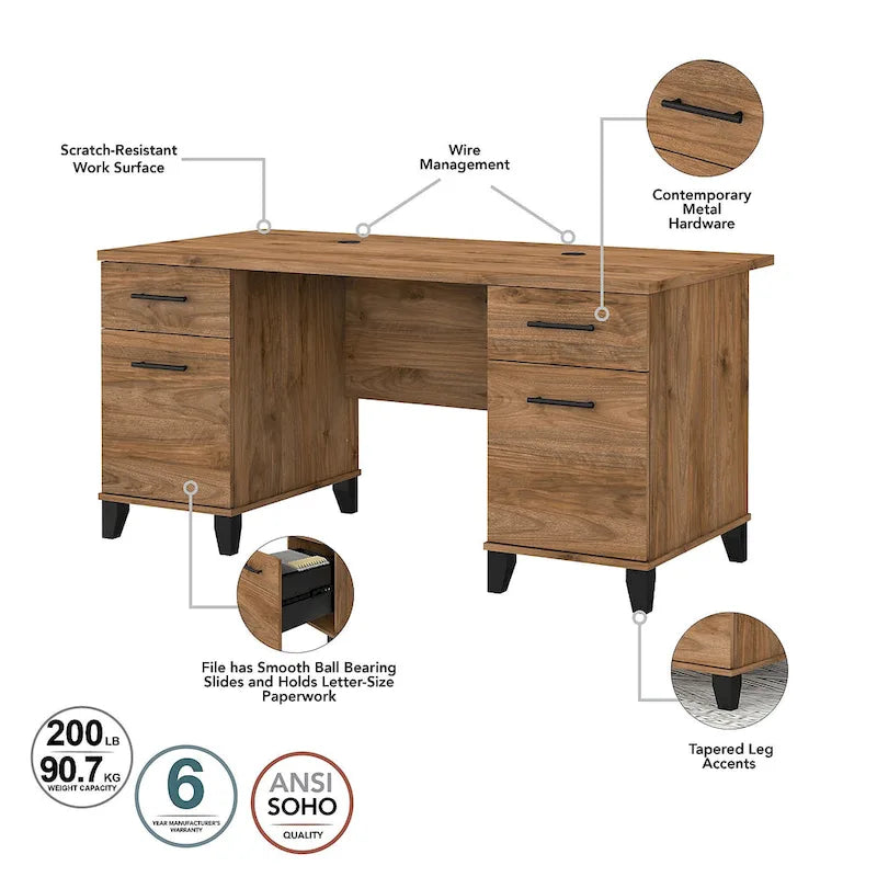 Somerset 60-Inch Office Desk with Cabinet and 5-Shelf Bookcase 25