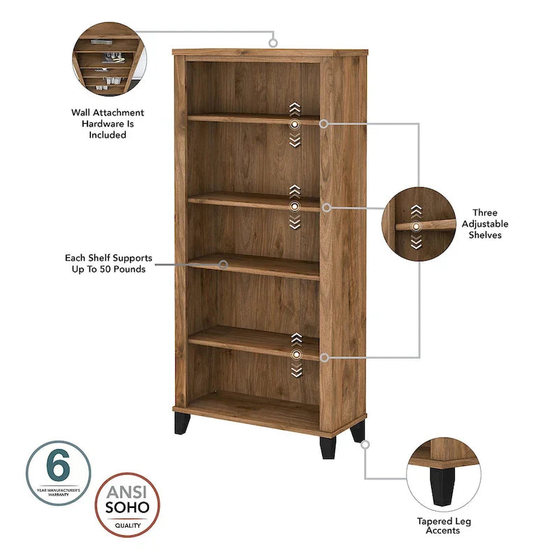 Somerset 60-Inch Office Desk with Cabinet and 5-Shelf Bookcase 27