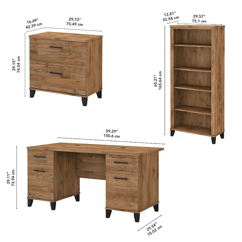 Somerset 60-Inch Office Desk with Cabinet and 5-Shelf Bookcase 28