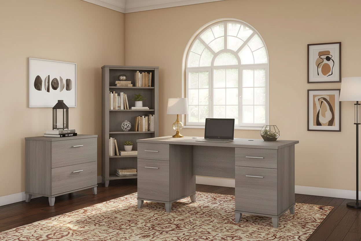 Somerset 60-Inch Office Desk with Cabinet and 5-Shelf Bookcase 30