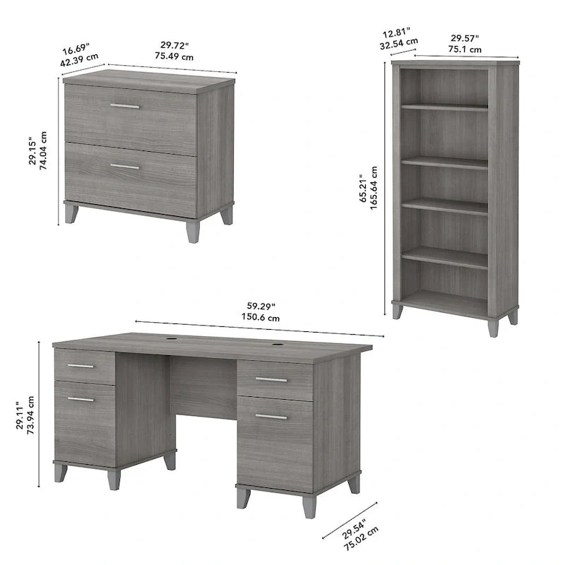 Somerset 60-Inch Office Desk with Cabinet and 5-Shelf Bookcase 35