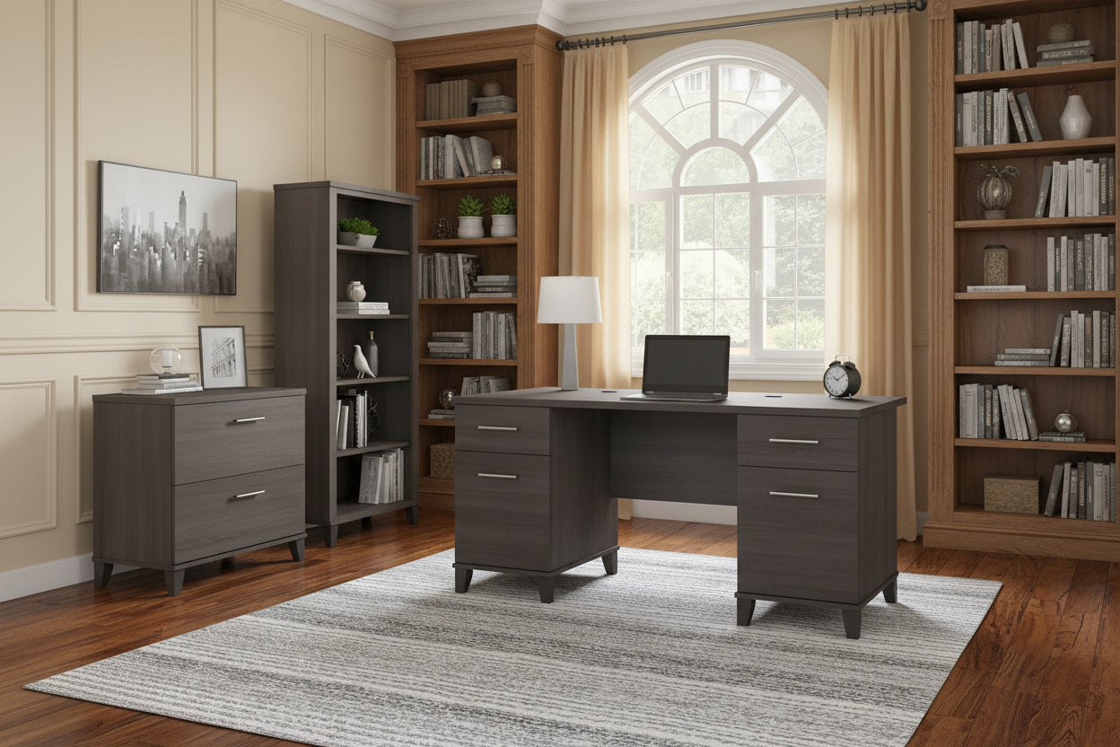 Somerset 60-Inch Office Desk with Cabinet and 5-Shelf Bookcase 44