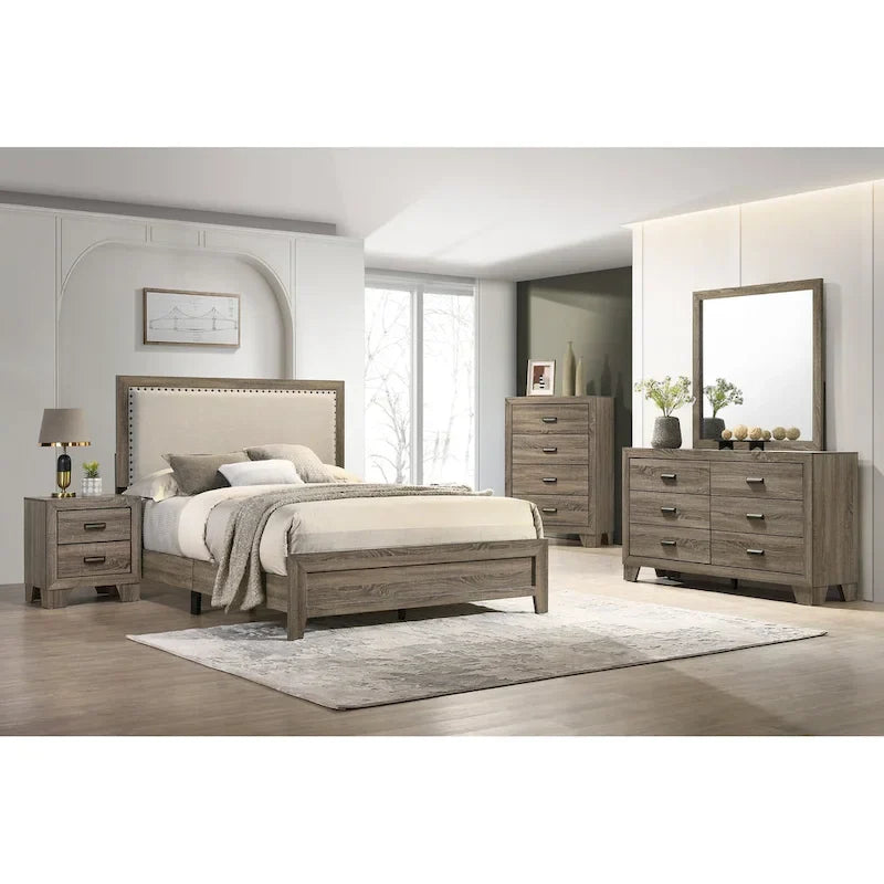 Linette 6-Piece Grey Contemporary Solid Wood and Veneer Upholstered Bedroom Set 1