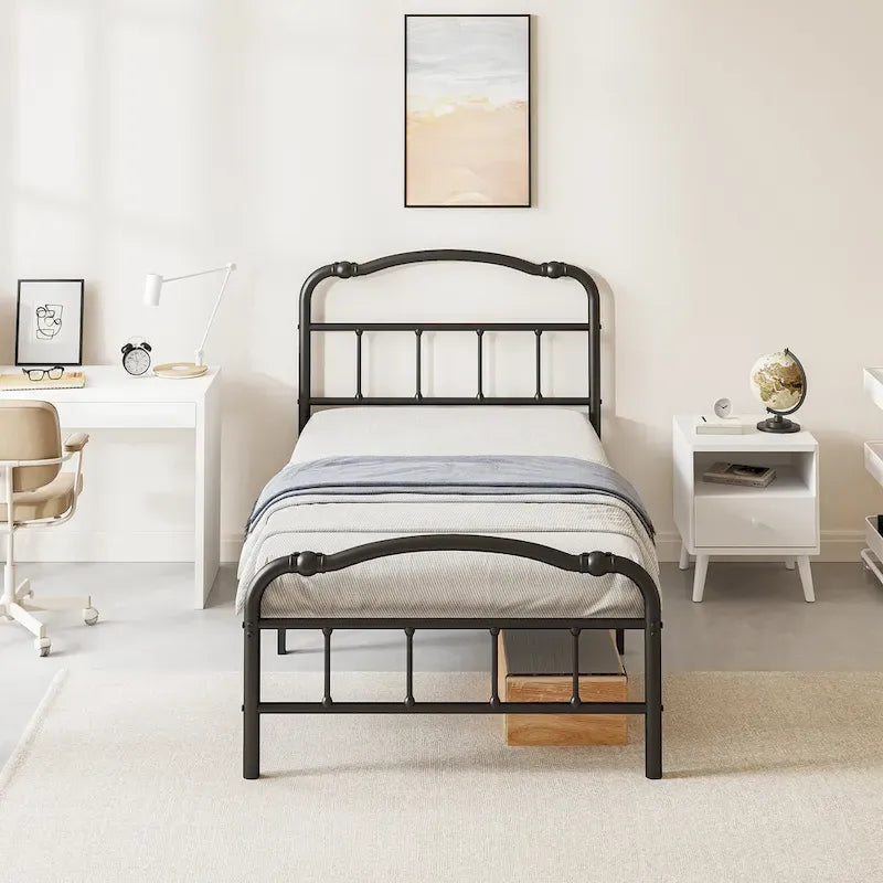 Sturdy 18-Inch High Steel Tube Iron Bed with Double Wave Headboard and Footboard 1