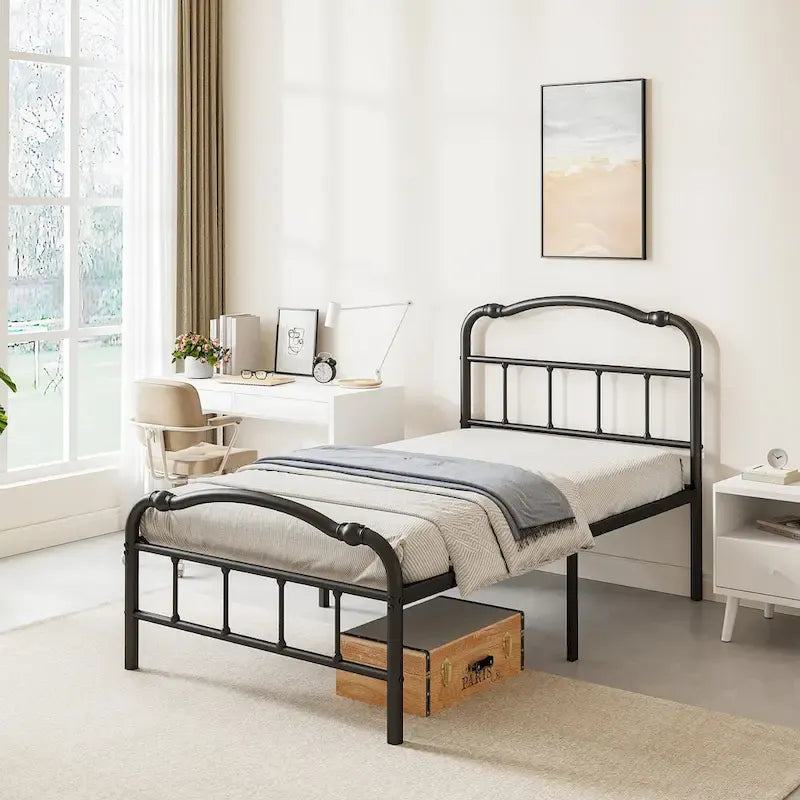 Sturdy 18-Inch High Steel Tube Iron Bed with Double Wave Headboard and Footboard 2