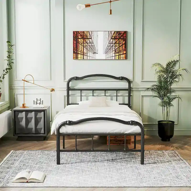 Sturdy 18-Inch High Steel Tube Iron Bed with Double Wave Headboard and Footboard 3