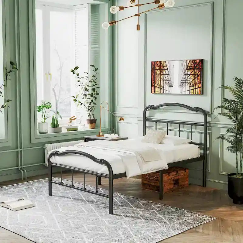 Sturdy 18-Inch High Steel Tube Iron Bed with Double Wave Headboard and Footboard 4