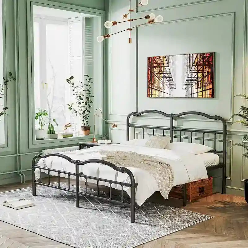 Sturdy 18-Inch High Steel Tube Iron Bed with Double Wave Headboard and Footboard 11