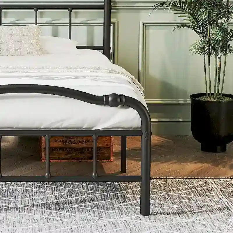 Sturdy 18-Inch High Steel Tube Iron Bed with Double Wave Headboard and Footboard 18