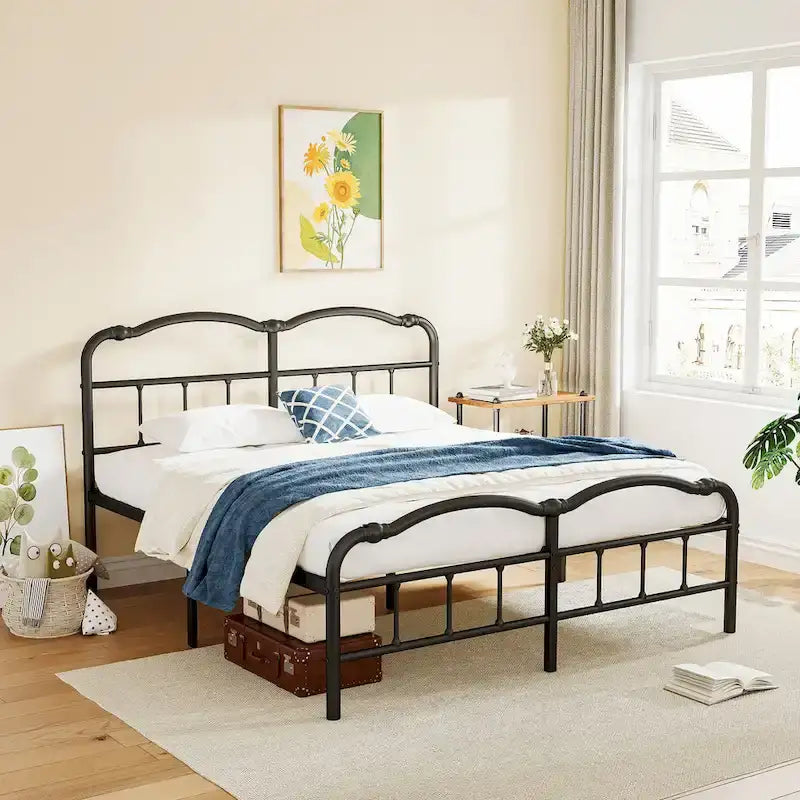 Sturdy 18-Inch High Steel Tube Iron Bed with Double Wave Headboard and Footboard 20