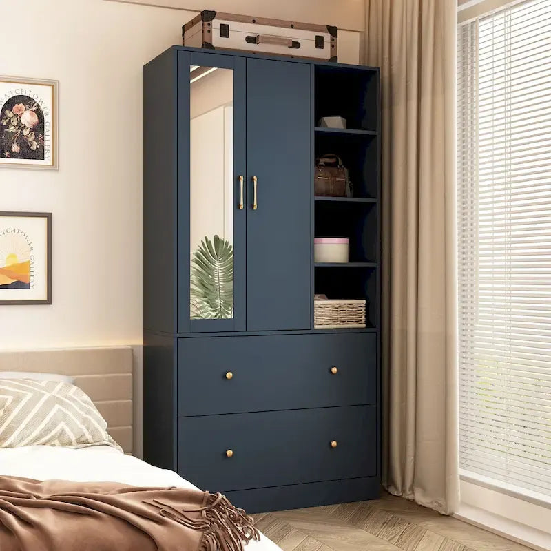 Modern Wardrobe Armoire with Mirror Door Drawers and Shelves