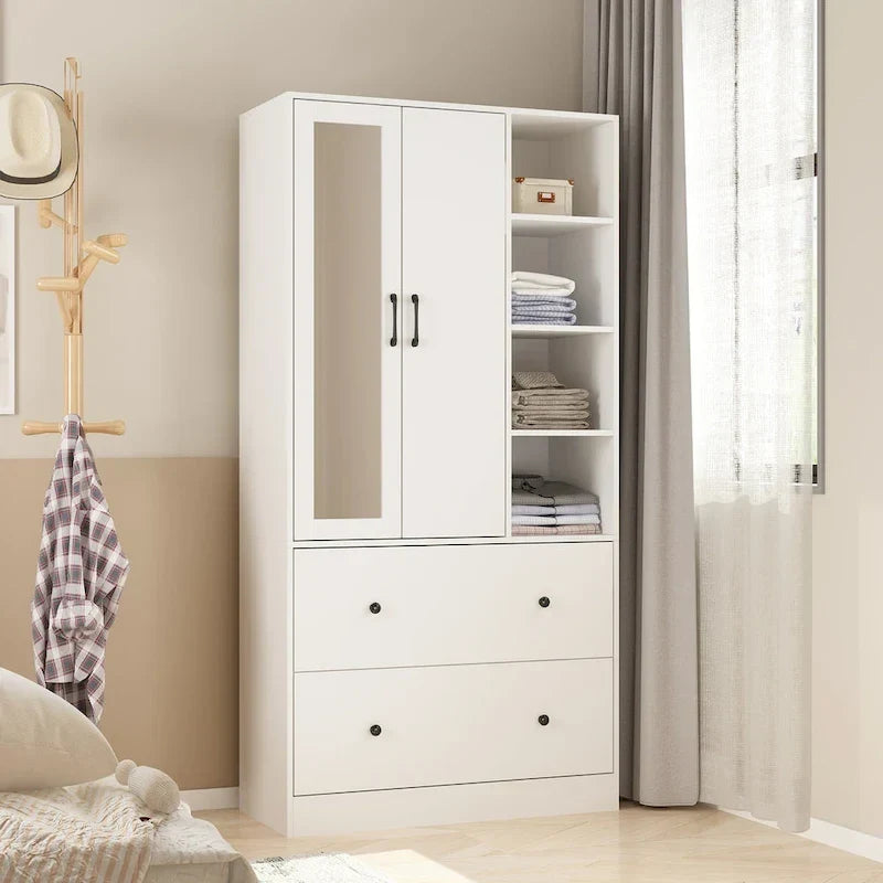 Modern Wardrobe Armoire with Mirror Door Drawers and Shelves