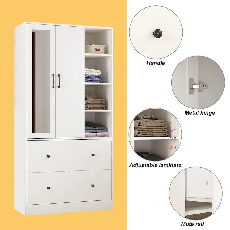 Modern Wardrobe Armoire with Mirror Door Drawers and Shelves 5